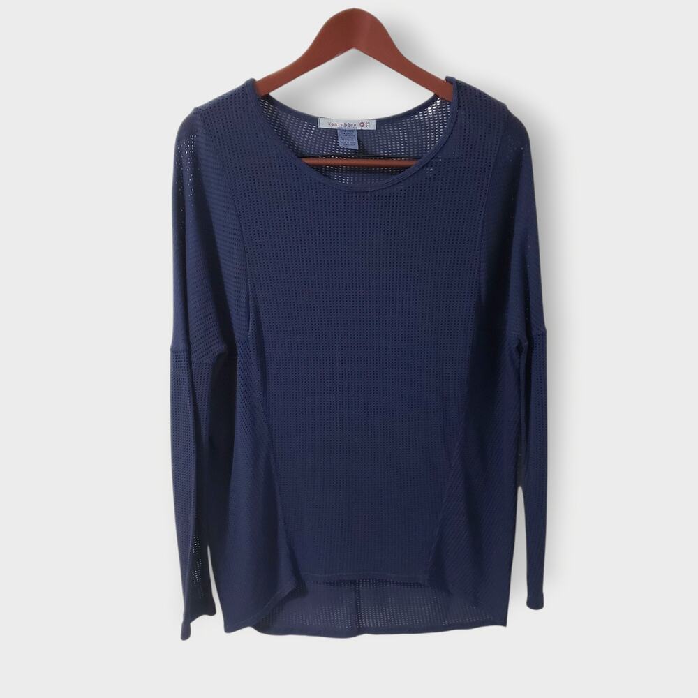XCVI Wearables Marissa Mesh Open Knit Top Navy Blue Sz XS Lounge Lagen Grunge